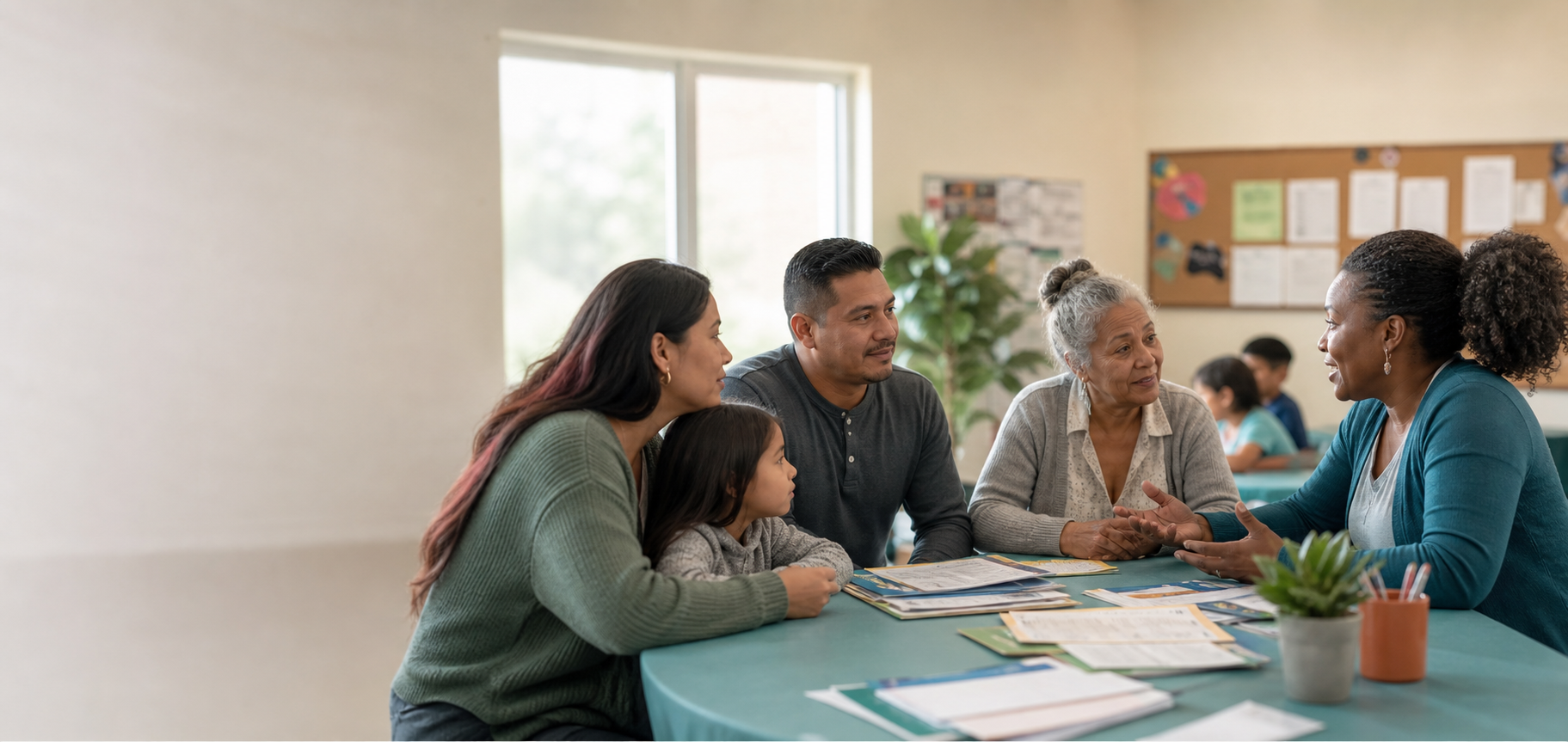 Families receiving guidance at a community resource table